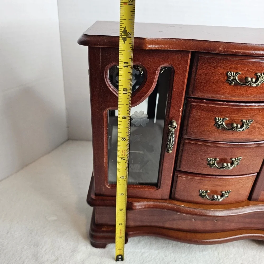 Wood Jewelry Box Chest w/ Mirror, Velvet Lined, Ring Holder, Heart, Brown
